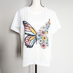 Plus white a colorful butterfly and floral print short sleeve tee size 3X